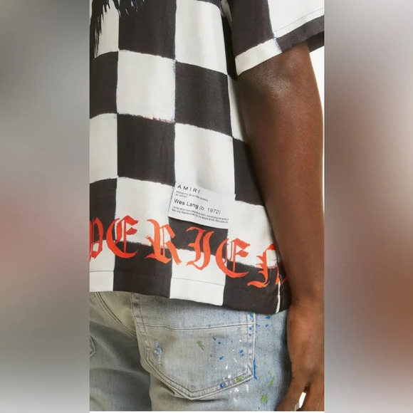 AMIRI x Wes Lang Skull Silk Bowling Shirt. Black & White checkered 100% Silk - Picture 8 of 13